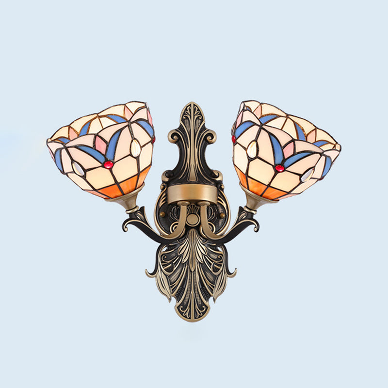 Mediterranean Dome/Flower Stained Art Glass Sconce - Wall Mounted Light For Bedroom Red/Pink/Orange