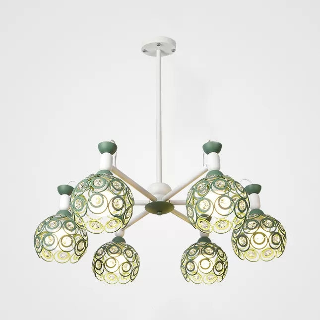 Green Macaron Hollow Orb Chandelier With Crystal Bead Accent | Bedroom Hanging Light