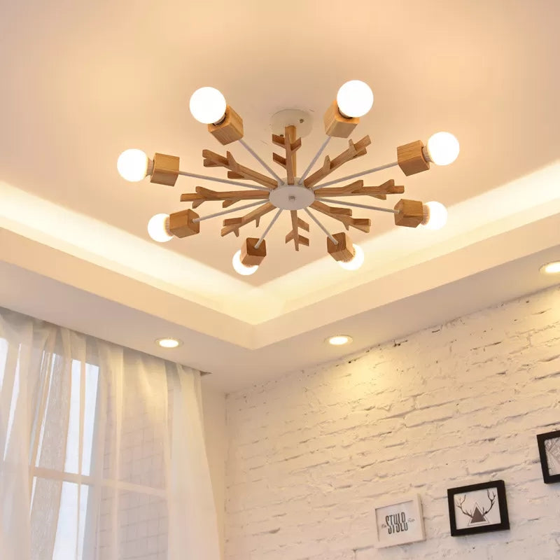 Childrens Beige Wood Snowflake Chandelier With Bare Bulb For Living Room