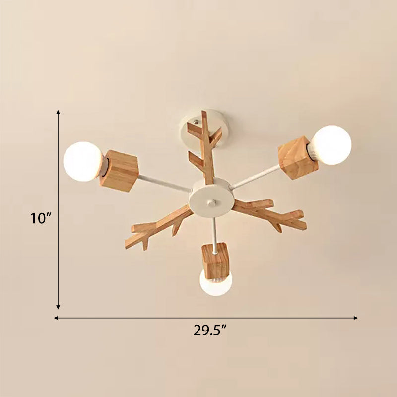 Childrens Beige Wood Snowflake Chandelier With Bare Bulb For Living Room 3 /