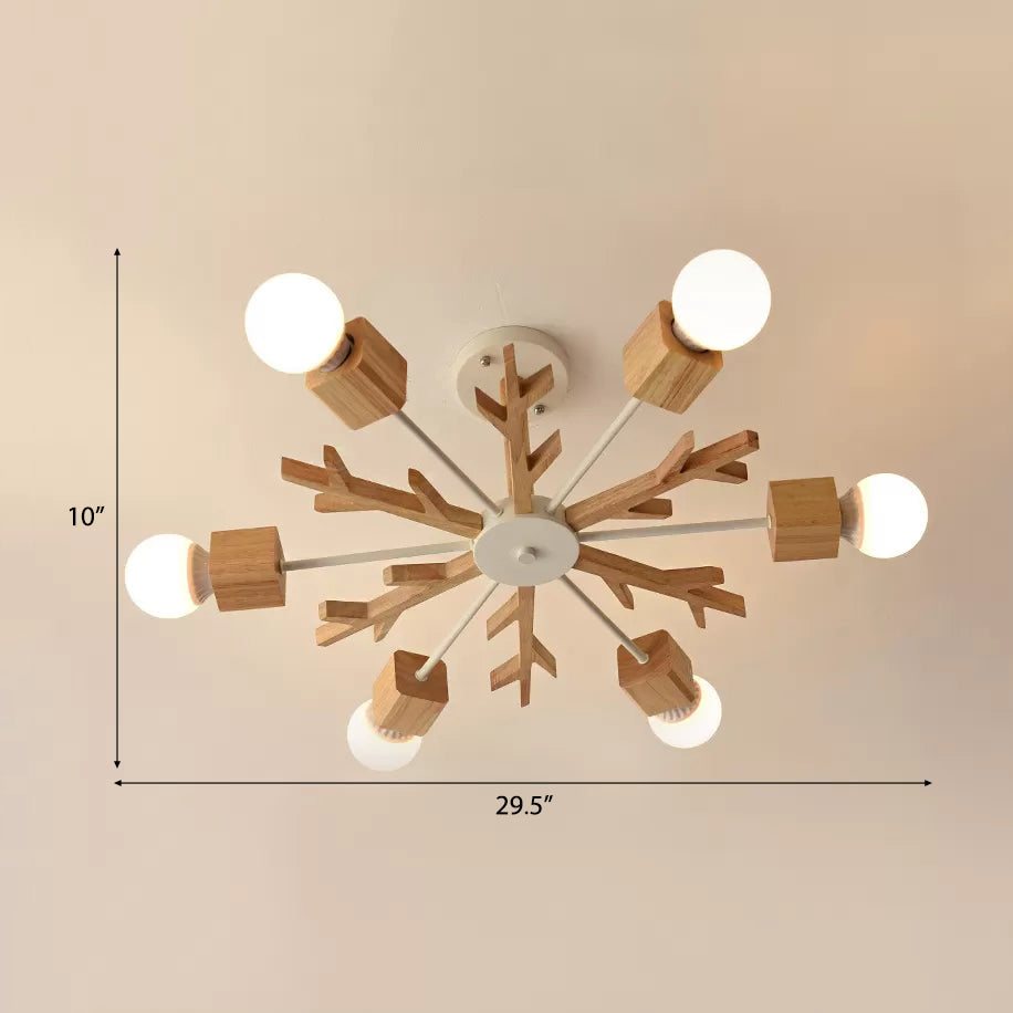 Childrens Beige Wood Snowflake Chandelier With Bare Bulb For Living Room