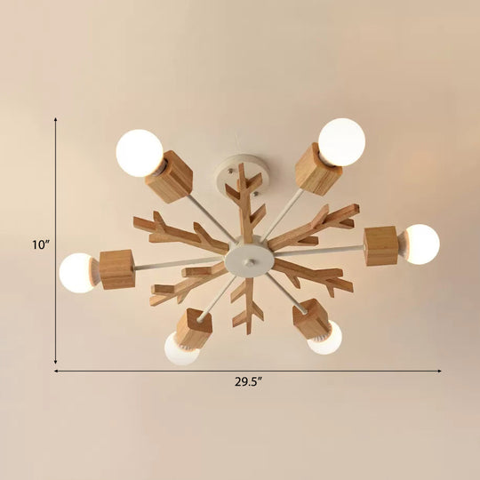 Childrens Beige Wood Snowflake Chandelier With Bare Bulb For Living Room 6 /