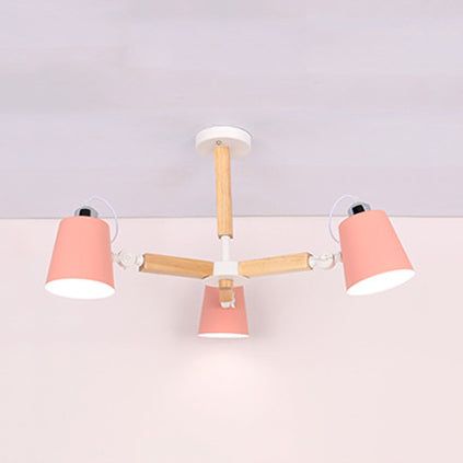Nordic Style Chandelier Bucket Shade Hanging Light For Kids Bedroom - Metal & Wood 3 / Pink