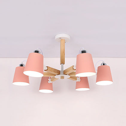 Nordic Style Chandelier Bucket Shade Hanging Light For Kids Bedroom - Metal & Wood 6 / Pink