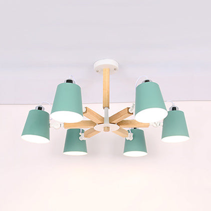 Nordic Style Chandelier Bucket Shade Hanging Light For Kids Bedroom - Metal & Wood 6 / Green