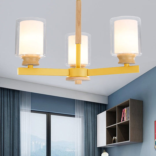 Metallic Macaron-Style Chandelier For Kids Bedroom With Cylindrical Shade Suspension Light 3 /