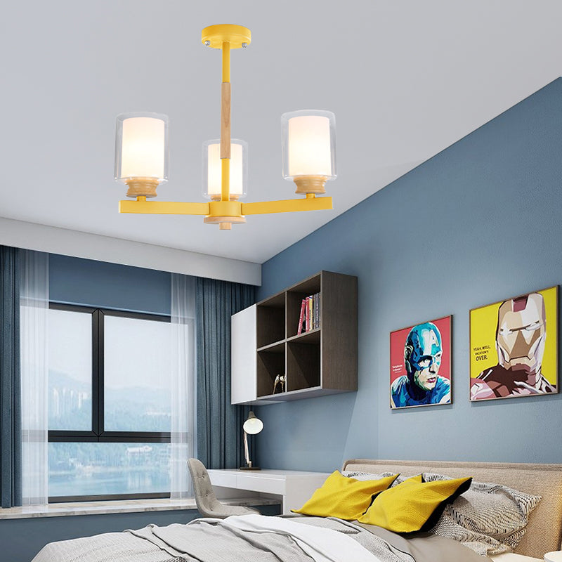 Metallic Macaron-Style Chandelier For Kids Bedroom With Cylindrical Shade Suspension Light