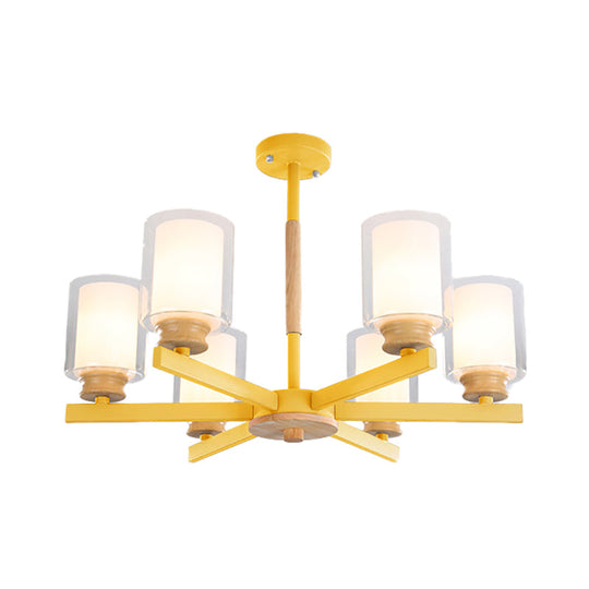 Metallic Macaron-Style Chandelier For Kids Bedroom With Cylindrical Shade Suspension Light 6 /