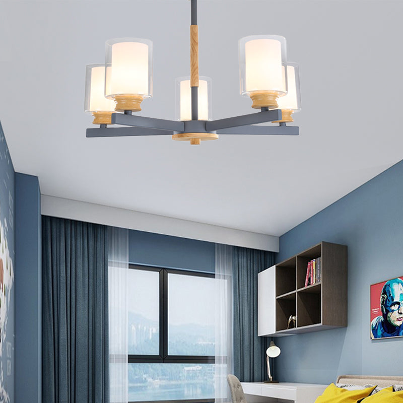 Metallic Macaron-Style Chandelier For Kids Bedroom With Cylindrical Shade Suspension Light 5 / Grey