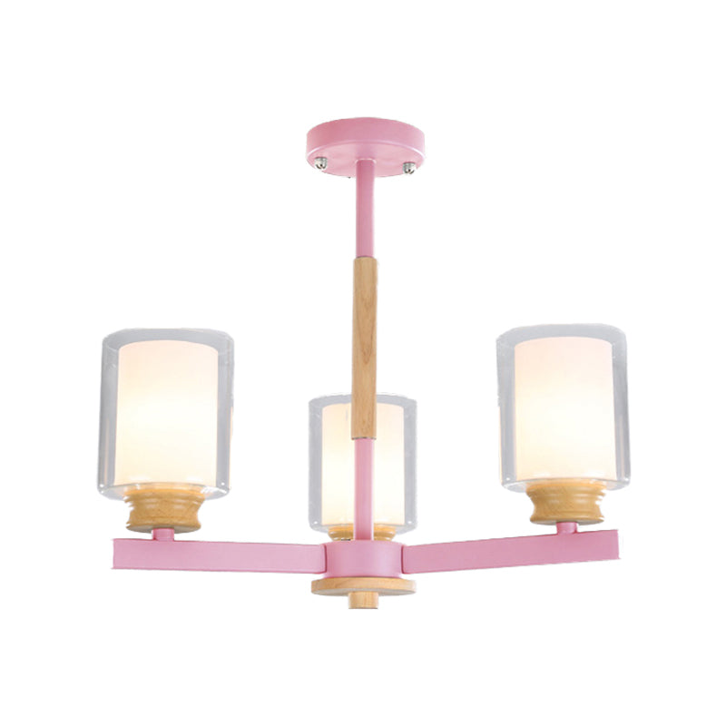 Metallic Macaron-Style Chandelier For Kids Bedroom With Cylindrical Shade Suspension Light