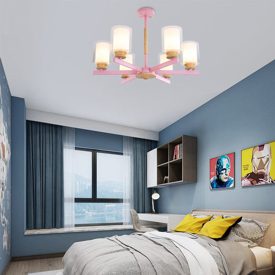 Metallic Macaron-Style Chandelier For Kids Bedroom With Cylindrical Shade Suspension Light 6 / Pink