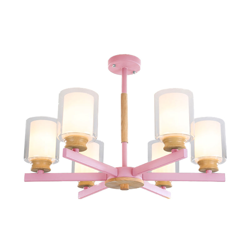Metallic Macaron-Style Chandelier For Kids Bedroom With Cylindrical Shade Suspension Light