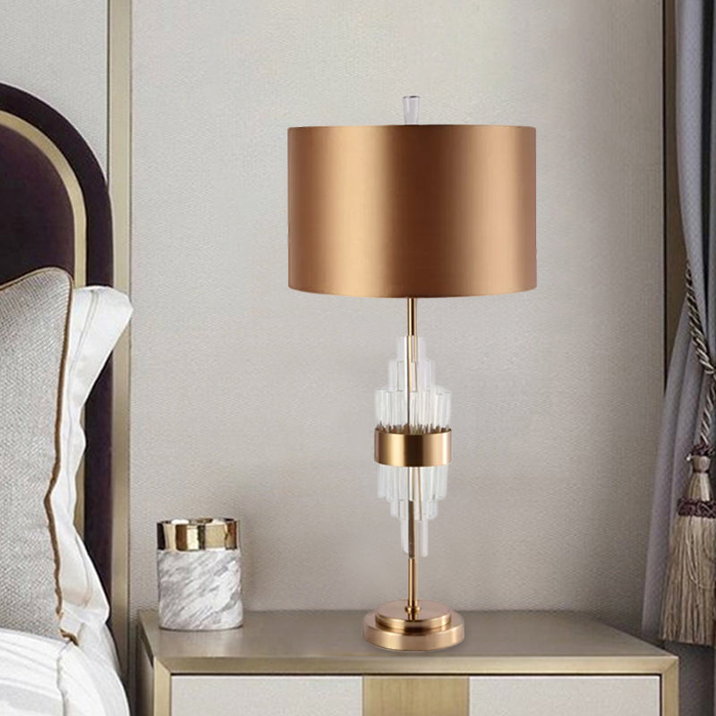 Golden Fabric Desk Lamp With Crystal Bar - Modern Straight Sided Shade Table Light