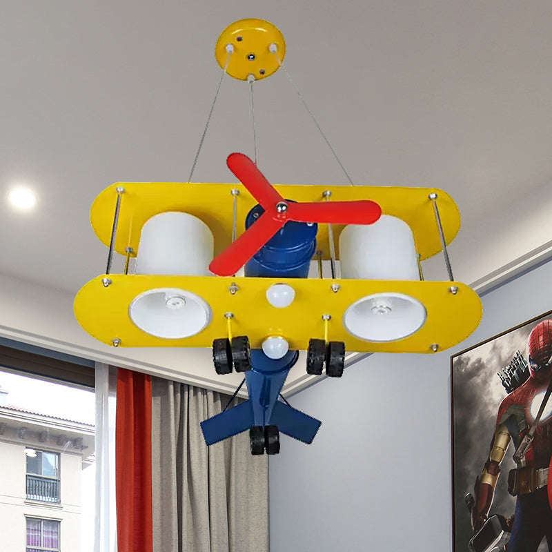 Cartoon Yellow Propeller Plane Pendant Lamp For Childs Bedroom - Metal Finish Chandelier