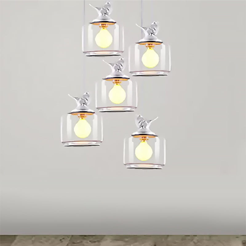 Modern Drum Hanging Lamp With Clear Glass And Bird Deco - Sleek White Ceiling Light For Living Room