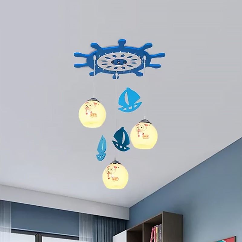 Kids Bedroom Seaside Sheep Hanging Lamp With 3 Blue Glass Pendant Lights
