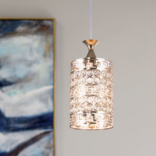 Vintage Gold Metal Cylinder Hanging Ceiling Light with Crystal Accent, 6"/7" Dia, 1 Light