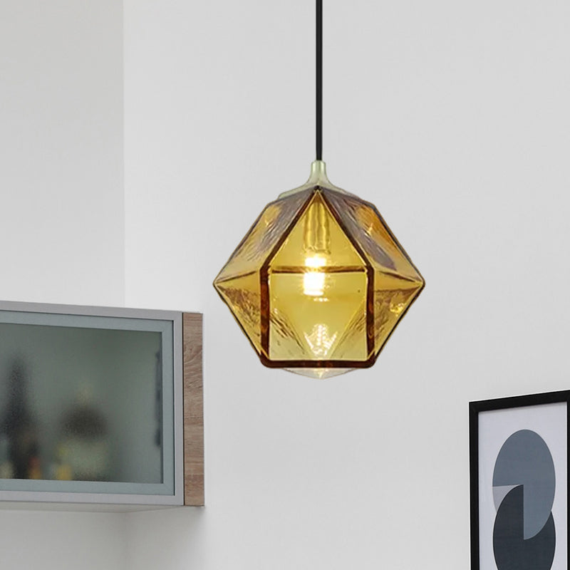 Modern Hexagon Ceiling Lamp with Cognac Glass Shade - 1 Bulb Pendant Light for Dining Room