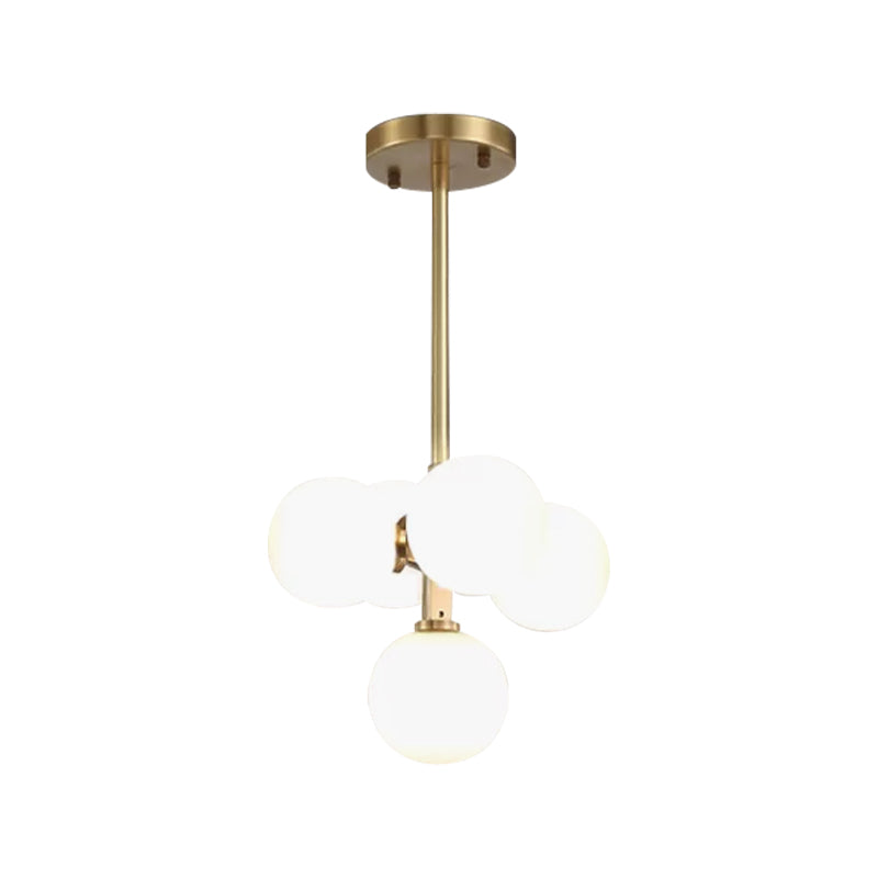 Modern Brass Round Hanging Chandelier With 5 White Frosted Glass Led Pendant Lights