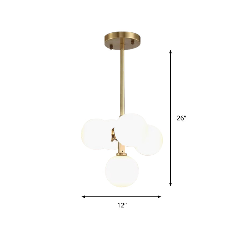 Modern Brass Round Hanging Chandelier With 5 White Frosted Glass Led Pendant Lights