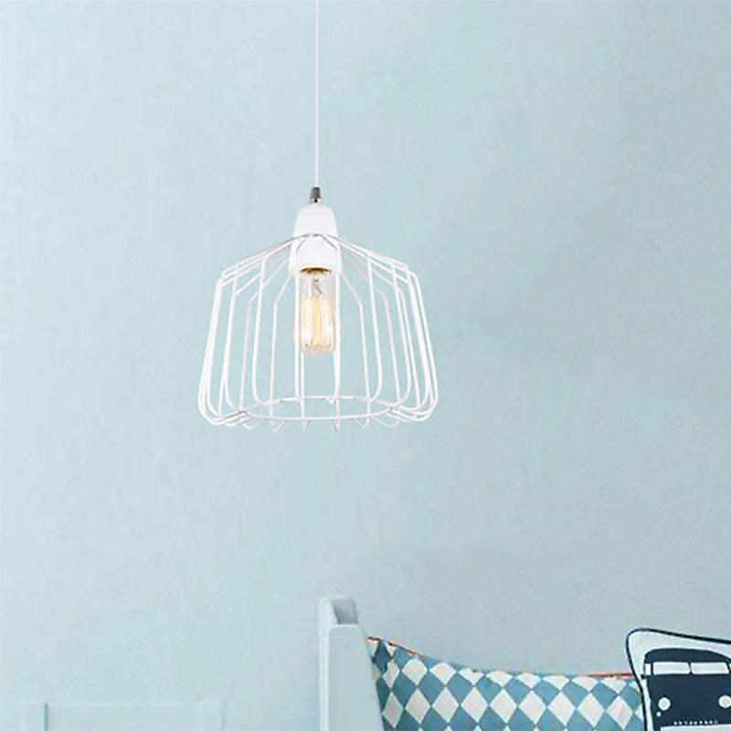 White Metallic Pendulum Light - Minimalist Cage Shade - Bedroom Hanging Lamp Kit