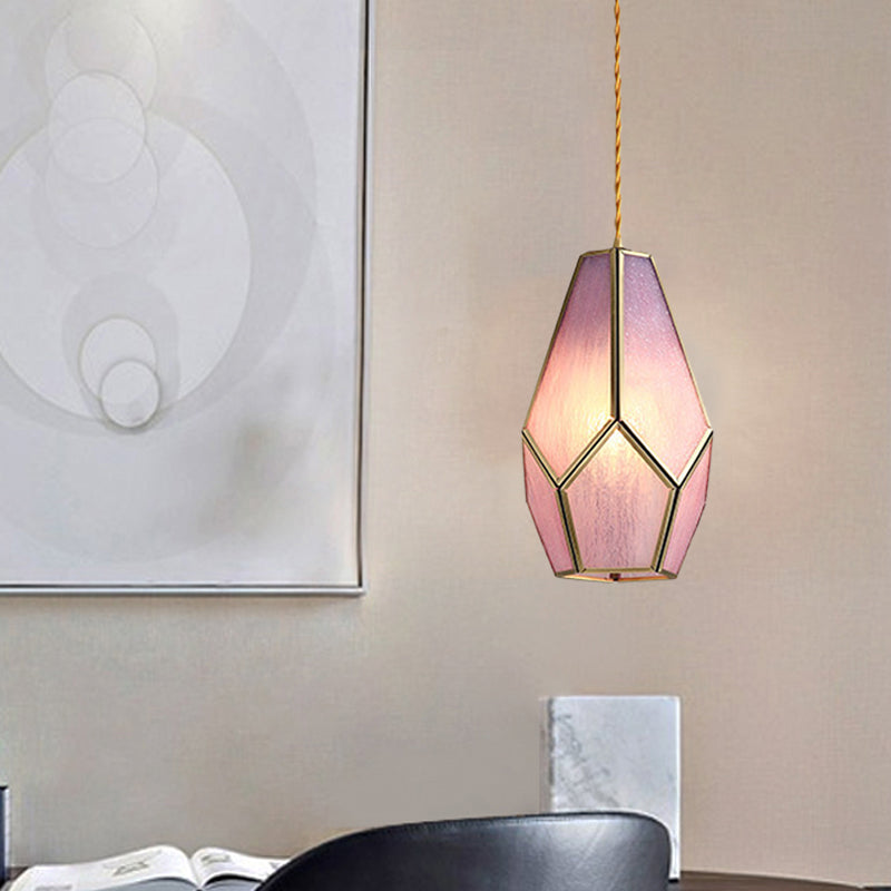 Vintage Pink Textured Glass Gem Hanging Lamp with Brass Drop Pendant Light - 1 Bulb