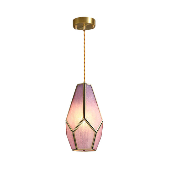 Vintage Gem Pink Textured Glass Pendant Light With Brass Drop - 1 Bulb Hanging Lamp