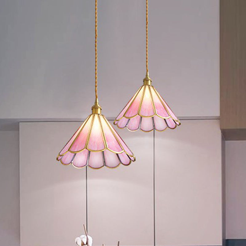 Stylish Brass Cord Hanging Pendant Light With Floral Rippled Glass Shade For Modern Dining Room Pink
