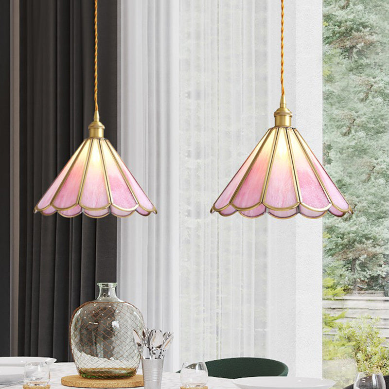 Stylish Brass Cord Hanging Pendant Light With Floral Rippled Glass Shade For Modern Dining Room
