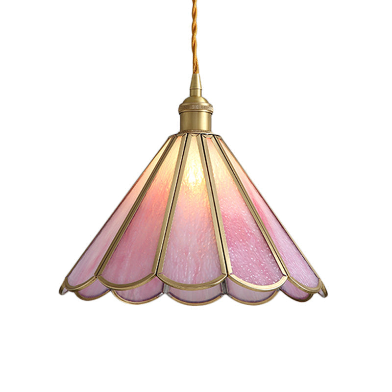 Stylish Brass Cord Hanging Pendant Light With Floral Rippled Glass Shade For Modern Dining Room