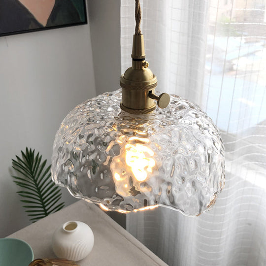 Translucent Hammered Glass Pendant - Modern Single-Bulb Brass Hanging Light Fixture Clear