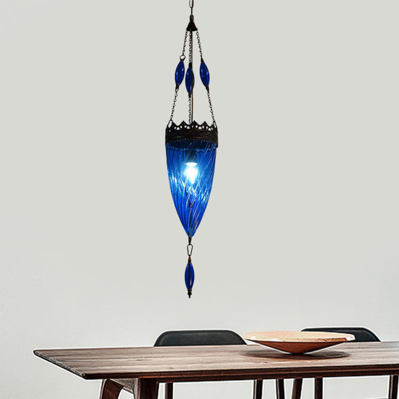 Blue Cyclone Glass Pendant Lamp With Copper Top - Perfect For Mid Century Bedrooms