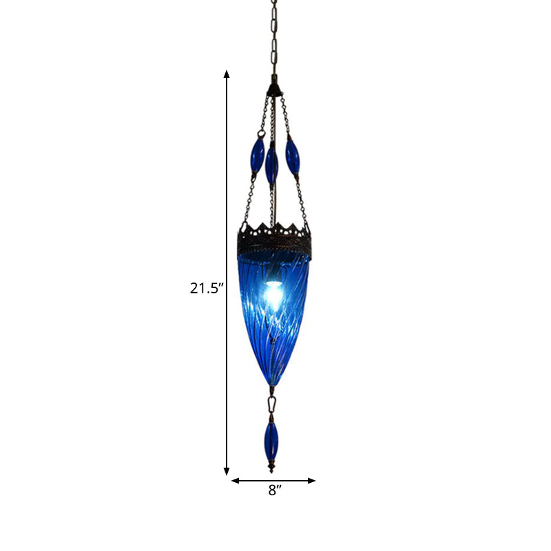 Blue Cyclone Glass Hanging Lamp: Mid Century Conical Pendant Light with Copper Top for Bedroom Suspension