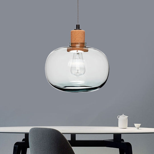 Modern Clear Glass Pot Pendant Light Kit With Wood Hanging Fixture And Cork Accent