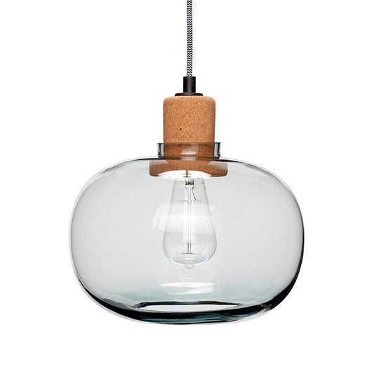 Modern 1-Head Wood Pendant Light Kit with Clear Belly Glass Pot, Cork Accent - Hanging Lighting Fixture