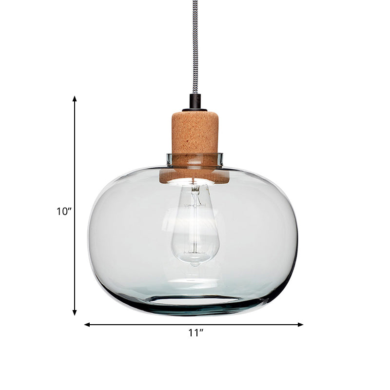 Modern 1-Head Wood Pendant Light Kit with Clear Belly Glass Pot, Cork Accent - Hanging Lighting Fixture