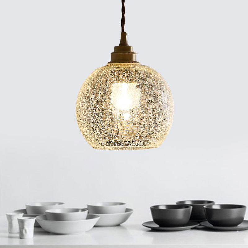 Translucent Crackle Glass Pendant Light Kit - Minimalist Spherical Design For Dining Room