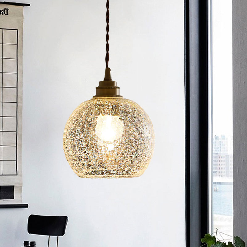 Translucent Crackle Glass Pendant Light Kit - Minimalist Spherical Design For Dining Room