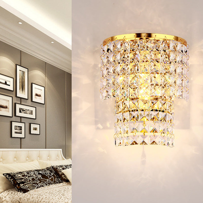 Vintage Style Crystal Wall Sconce With Double Layers & Chrome/Gold Finish - 1 Light Square Shape