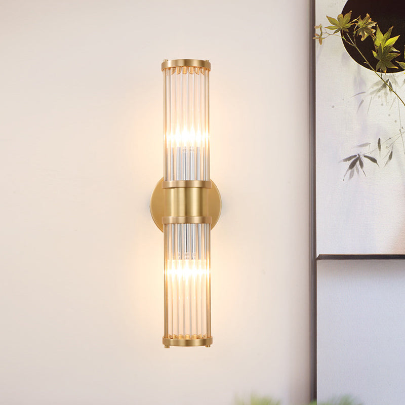 Golden Cylindrical Crystal Wall Sconce - Modernist 1/2-Light Corridor Fixture