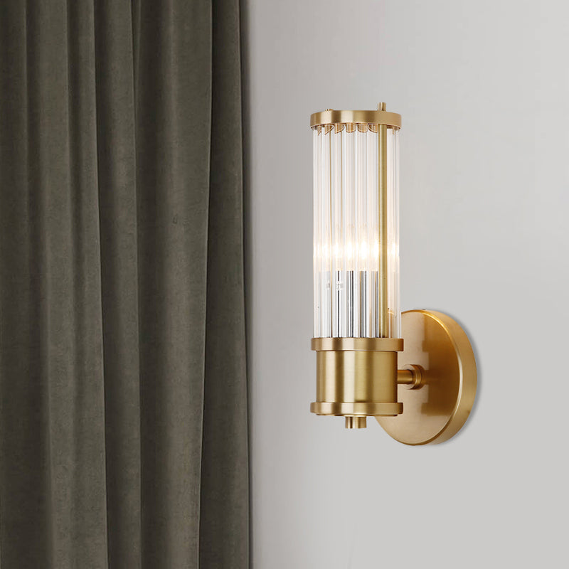 Golden Cylindrical Crystal Wall Sconce - Modernist 1/2-Light Corridor Fixture 1 / Gold
