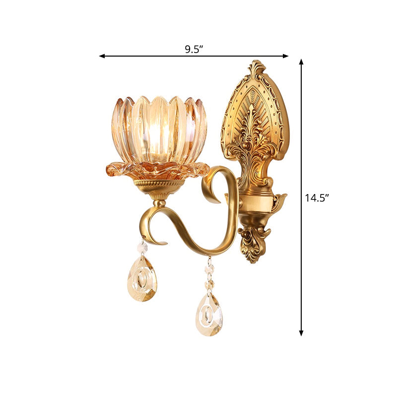 Petal Wall Mount Amber Glass Bedroom Lighting With Crystal Deco - Modern Design In Brass