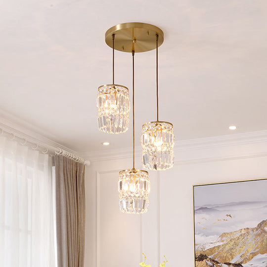 Modern Prismatic Crystal Hanging Light with 2 Layers, 3 Lights, Gold Pendant Design - Linear/Round Canopy Included