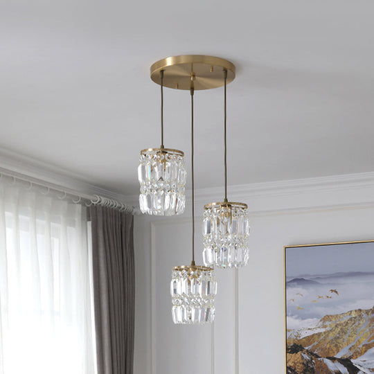 Modern Prismatic Crystal Hanging Light with 2 Layers, 3 Lights, Gold Pendant Design - Linear/Round Canopy Included