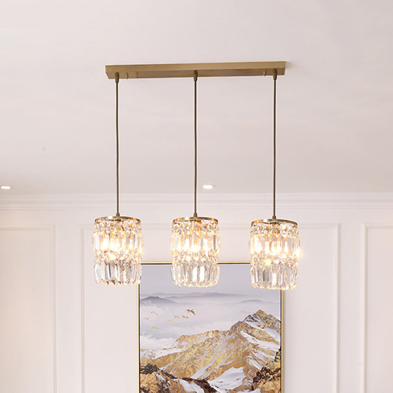 Modern Prismatic Crystal 3-Light Gold Pendant With 2 Layers And Linear/Round Canopy / Linear