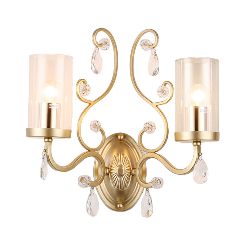 Modern Crystal Brass Sconce Wall Light With Clear Glass Cylinder Shade