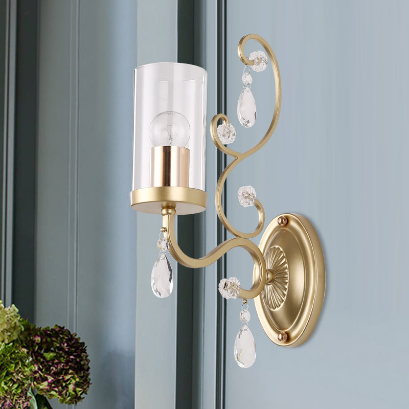 Modern Crystal Brass Sconce Wall Light With Clear Glass Cylinder Shade 1 /