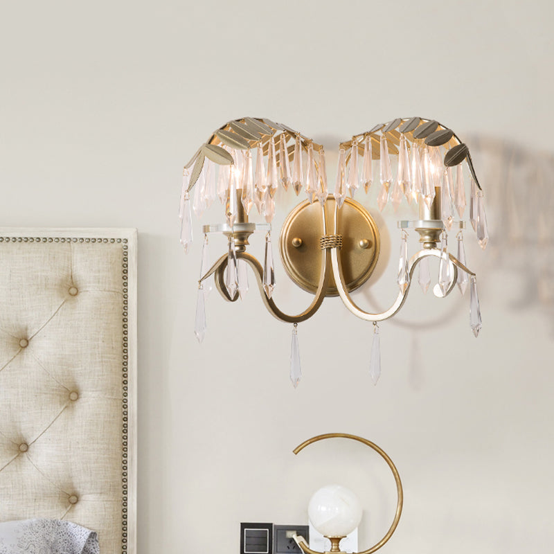 Modern Crystal Wall Sconce Light With Bent Arm - 2 Lights Brass Finish Perfect For Bedroom
