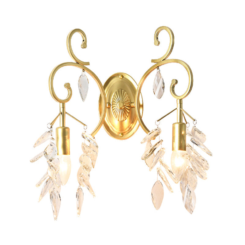 Postmodern Gold Curve Arm Sconce Light Fixture With Crystal Drip - 2 Wall-Mount