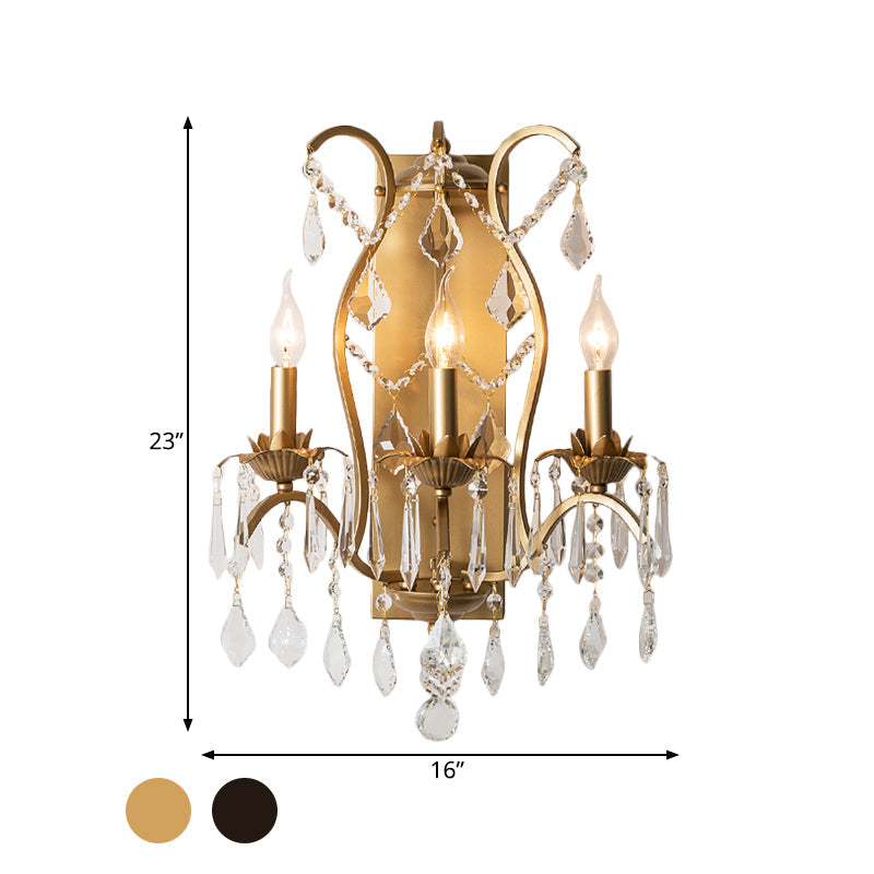 Modern Candelabra Wall Sconce With Crystal Drop - Black/Brass Finish 3 Lights